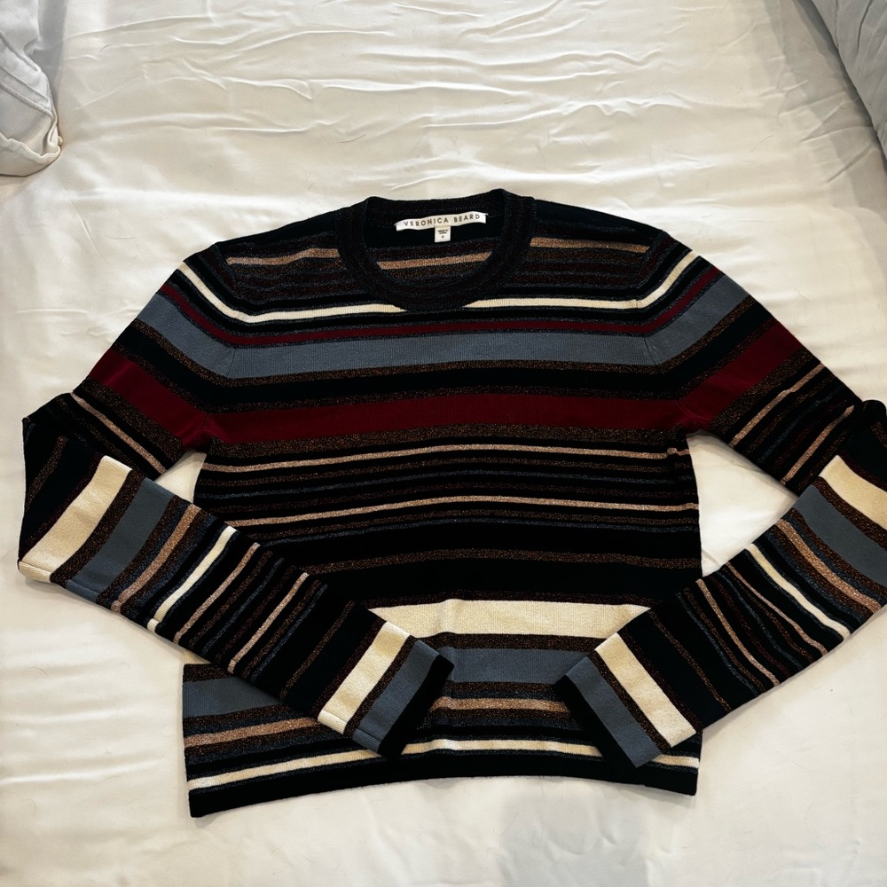 Veronica Beard Striped Crewneck Sweater in Navy, Light Blue, Rust & Cream - Picture 10 of 13
